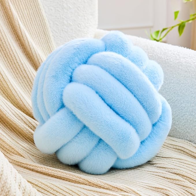 Uvvyui Knot Pillow Ball Home Decorative Pillows Round Throw Pillow with Faux Rabbit Fur Handmade Knotted Plush Pillow Aesthetic Room Decor Round Boucle Pillow Cushion (Blue, 11 Inch)