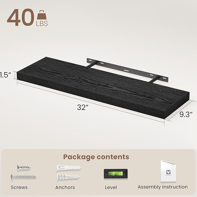 Vivelove 32 Inch Floating Shelves, Deep Wall Shelves with Invisible Brackets, Display Shlf for Bathroom Living Room Kitchen Bedroom Office Farmhouse Home Decor, 32" X 9.3" X 1.5" - Set of 2, Black