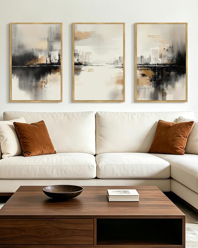 PHOPAGO Black Gray Abstract Landscape Framed Wall Art 16x24in Brown Tan Neutral Wall Decor Minimalist Modern Prints Home Decor - Natural Framed