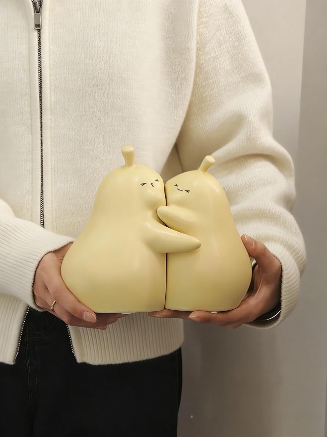 Hug Pear Decorative Bookends, Cute Book Ends to Hold Books, Creative Ceramic Book Holder Stopper for Home, Office Desk, Bookshelf Decoration (Matte Yellow)