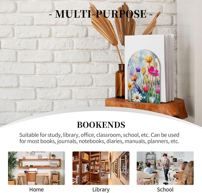 Watercolor Flowers Floral 2 Pack Decorative Bookends 6.7x4.2 in, Book Ends for Home Office Library Shelves Decor Room Kitchen Desktop