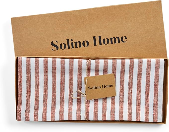 Solino Home Linen Table Runner 36 Inches - Amalfi Stripe 100% Pure Linen Cinnamon and White Farmhouse Table Runner 14 x 36 Inch Ideal for Dresser and Coffee Tables