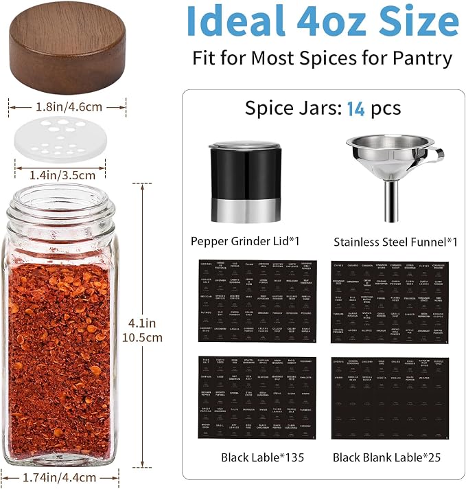 Yangbaga Glass Spice Containers for Kitchen: 14p 4oz Durable Glass Dishwasher Safe Jars for Cooking Enthusiasts- Airtight Acacia lid 500X Open-Close no Loose - Gift/Daily Use for Housewives