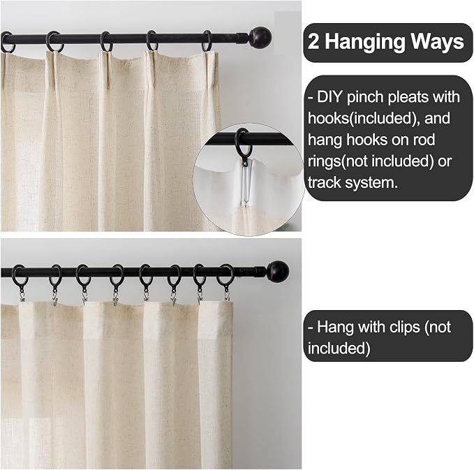 102 Inch Long Curtains Sheer Linen Faux, Natural Light Filtering 2 Panels, Neutral Cream Beige Farmhouse Curtains & Drapes for Living Room, Pinch Pleat Sliding Glass Door Ceiling Curtain