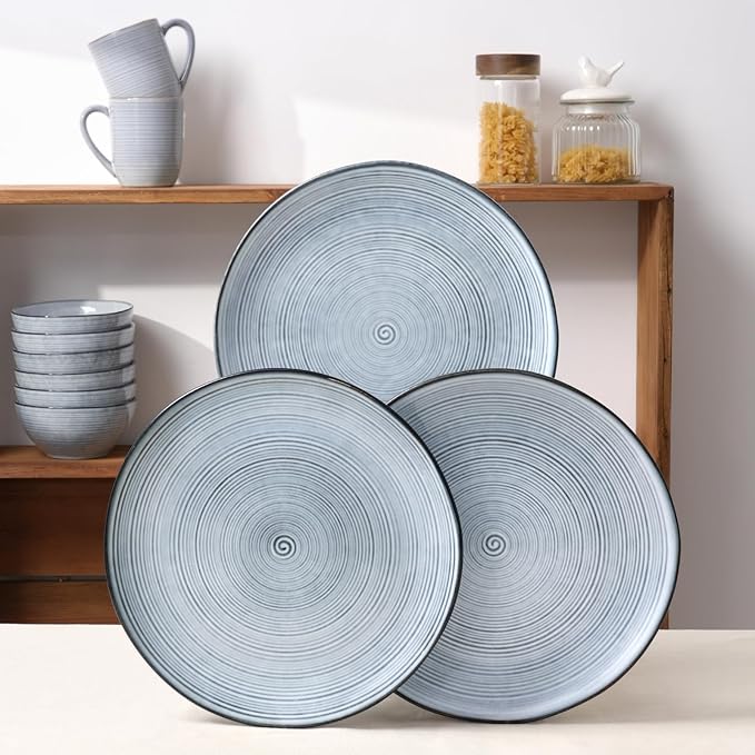 famiware Tempus Plates and Bowls Sets for 8, 24 Pieces Stoneware Dinnerware Sets, Dishes Set, Reactive Glaze Dishware Sets, Dishwasher & Microwave Safe - Pearl Blue