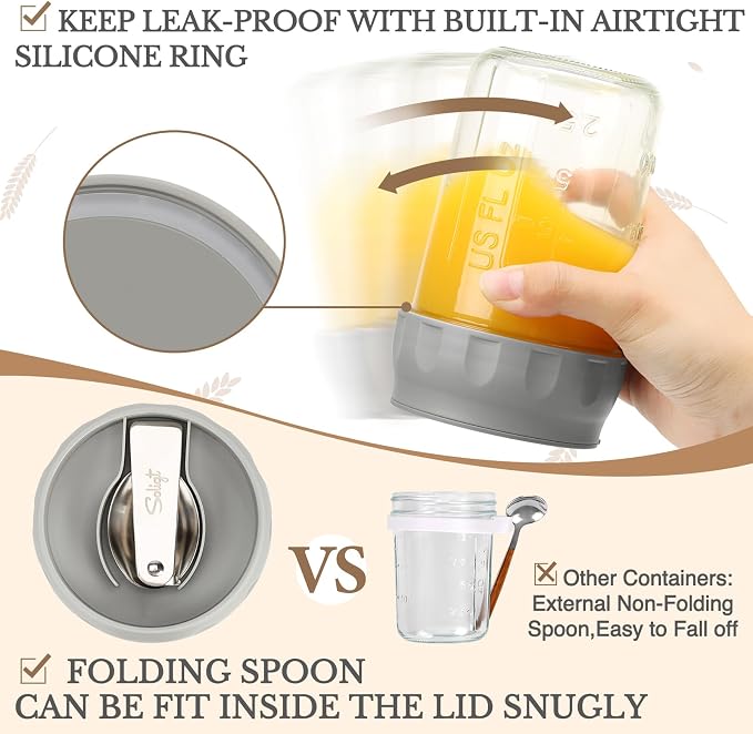 SOLIGT 4 Pack Overnight Oats Containers with Lids, Folding Spoons and Divided Compartments for Fruit & Nuts, Small Glass 16oz Mason Jars for Oatmeal Yogurt Parfait