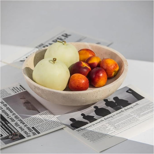 Natural Travertine Fruit Bowl for Kitchen Counter11.8",Large Decorative Bowl & Travertine Bowl Pedestalfor Kitchen Counter & Dining Table ,For Entryway, KitchenFruit Bowl, Dining Table Centerpiece.