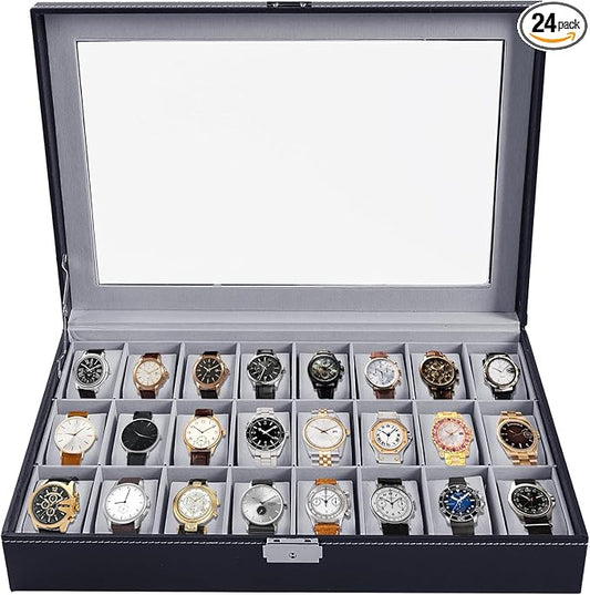 Watch Box 24 Slot Elegant Portable Black Watch Collection Box Case jewelry Men & Women (Grey)