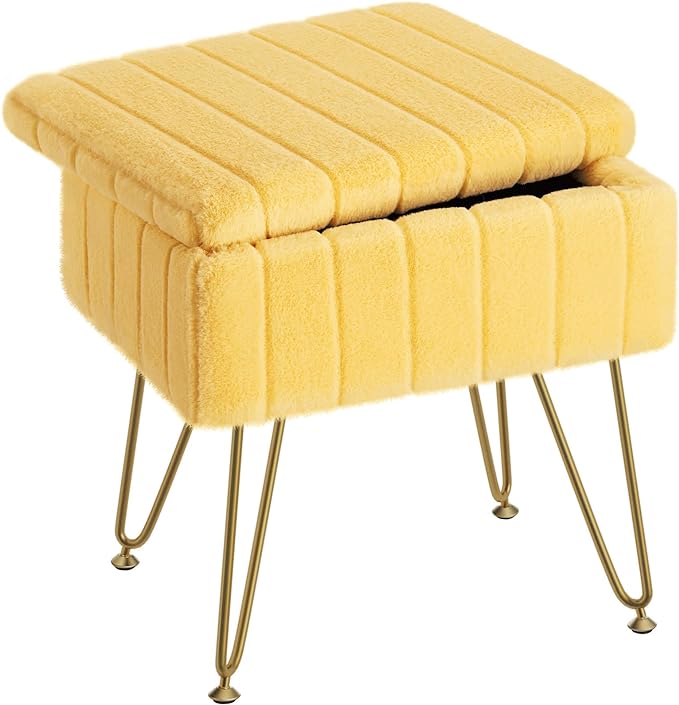 Greenstell Vanity Stool Chair Faux Fur with Storage, 15.7"L x 11.8"W x 19.4"H Soft Ottoman 4 Metal Legs with Anti-Slip Feet, Furry Padded Seat, Modern Multifunctional Chairs for Makeup, Bedroom,Yellow