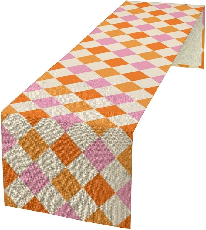 Retro 70s Hippie Table Runner Geometric Square Grid Yellow Orange Pink 1960s 1970s Vintage Country Farmhouse Dinner Runner for Living Room Kitchen Party Holiday 13x36in
