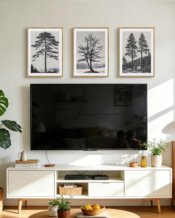 KUVIOKE Vintage Black Gray Forest Wall Art Framed Antique Retro Tree Prints Modern Rustic Artwork Bedroom Living Room Ready to Hang 12x16in (Natural Framed)