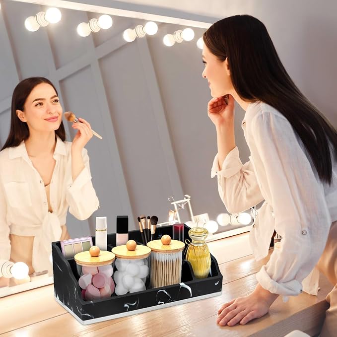 Bathroom Counter Organizer, Black Marble Toothbrush Holders for Bathrooms Organizer Countertop with 3PCS Qtip Holder, Toothbrush and Toothpaste Holder for Bathroom Organization Storage Vanity