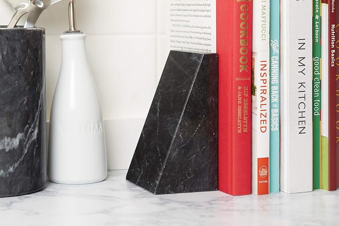 Fox Run 100% Natural Polished Marble Bookends, Black, Set of 2, Triangular Bookends for Heavy Books