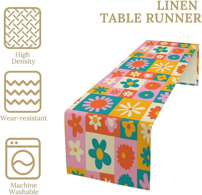 Vintage Groovy Floral Table Runner Boho Retro Hippie Seasonal Spring Garden Flowers Geometric Checkered Dinner Runner for Home Kitchen Dining Table Party Holiday Decor 13"x60"