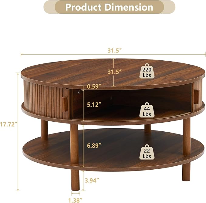XUZENEST 31.5” Round Coffee Table with Storage, Mid Century Modern 2 Tier Coffee Table with Tambour Sliding Door, Solid Wood Legs Fluted Center Table for Living Room Home Office Small Space, Walnut