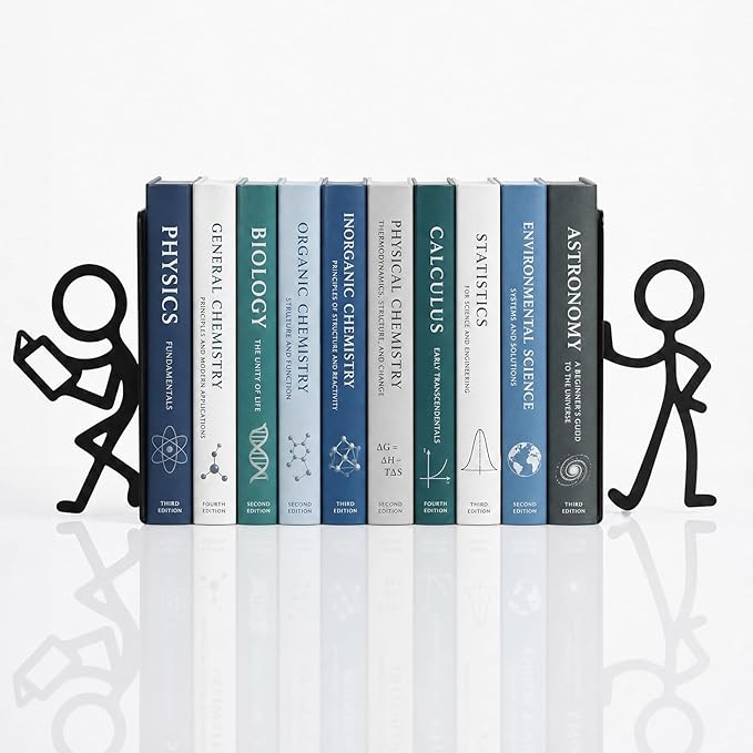 Metal Bookends for Bookshelf, Desk, Home & Office, Decorative Stick Figure Book Holder, Space-Saving, Sturdy, Non-Slip Pads, Supports More Books, Lightweight 6.7"x5.9"x1.4"