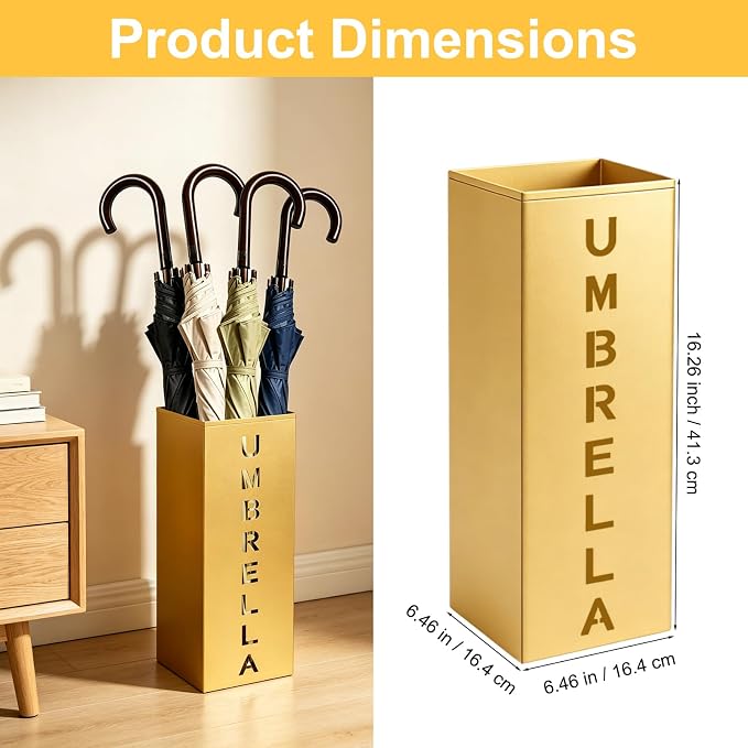 Gold Metal Umbrella Holder, Square Freestanding Umbrella Rack Stand Storage Bucket for Indoor Entryway, Home, Office and Hotel, 16.26 x 6.46 x 6.46 Inch
