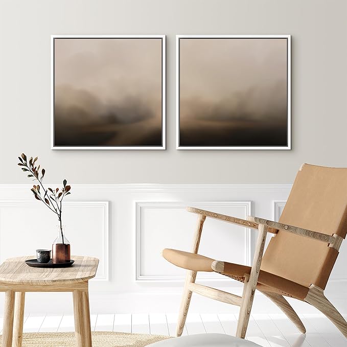 SIGNFORD Framed Canvas Print Wall Art Set Neutral Foggy Landscape Soft Beige and Brown Abstract Illustrations Modern Art Minimal Relax/Calm for Living Room, Bedroom, Office - 24"x24"x2 White