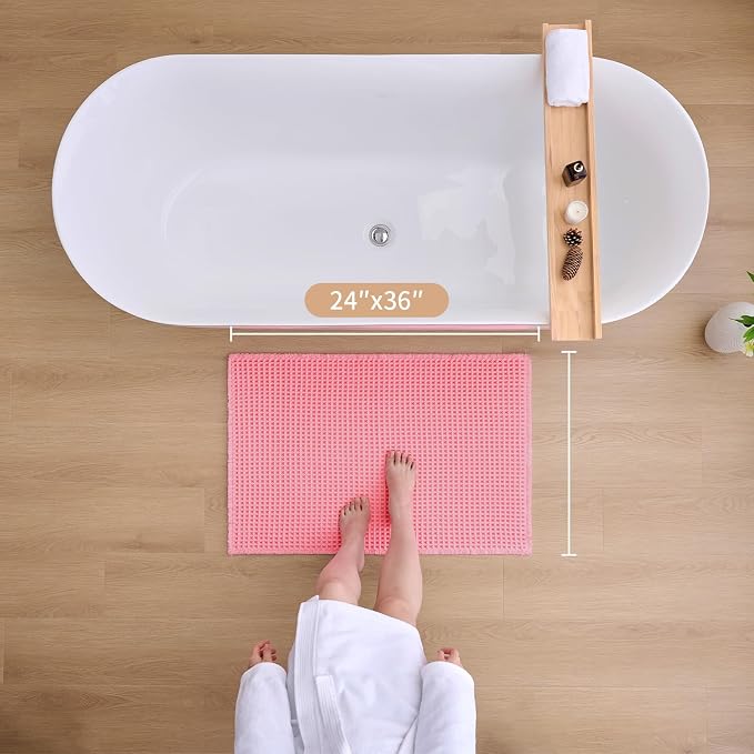 ILANGO Upgraded Waffle Bath Mat,Super Absorbent Boho Non Slip Bathroom Rugs Quick Dry,Ultra Soft Machine Washable Mats with Tassels for Floor,24x36,Pink
