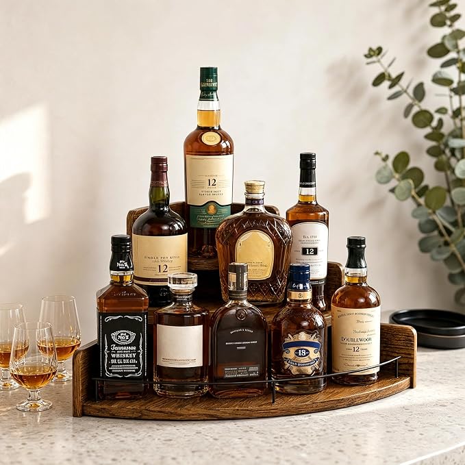 Liquor Bottle Display Shelf, Coffee Syrup Organizer, 3 Step Wood Wine Racks Countertop, Mini Bar, Corner Wine Holder, Retro Liquor Cabinet for Liquor Whiskey, Coffee Syrup(Brown)