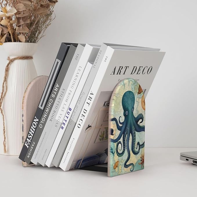 Octopus Ocean World Sea 2 Piece Wood Decorative Bookends 6.7x4.2 in, Book Ends for Home Office Library Shelves Decor Room Kitchen Desktop