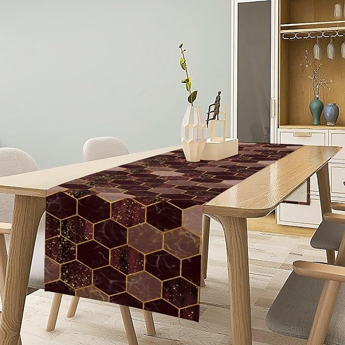 Hexagon Marble Table Runner, Luxury Wine Red Abstract Geometry Gold Accent Table Runner for Kitchen Dining Home Party Wedding Decor, 13x120 Inch