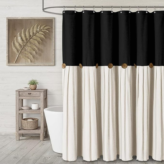 Farmhouse Shower Curtain Linen Button Woven Fabric Country Rustic Western, Black & Cream 72" W x 72" L