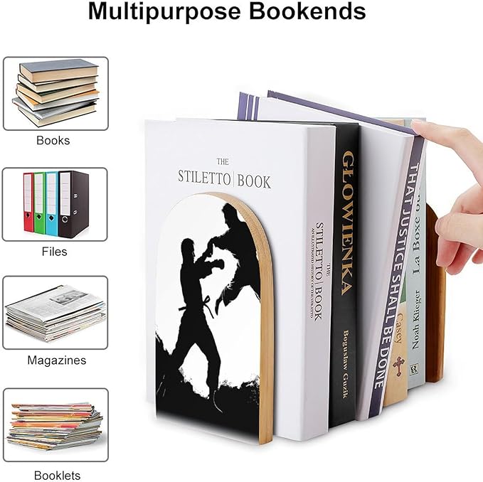 Kickboxing Book Ends Wooden Bookends Non-Skid Metal Base Heavy Duty Book Shelves Decor, Decorative Bookends for Books/CDs Bookshelf Table Home Decor