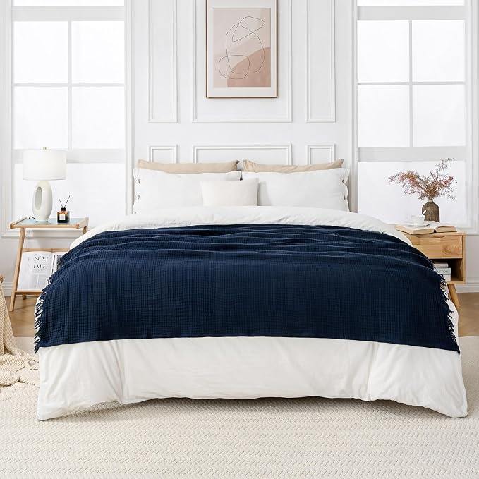 Esterra Muslin Throw Blanket 50x65 Inches Cozy Soft Lightweight Pre-Washed Cotton Blanket, All Season Breathable 4-Layer Gauze Blanket Throw for Sofa Couch Bed, Navy Blue