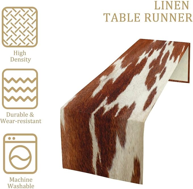 Cow Print Table Runner, Rustic Country Farmhouse Animal Fur Skin Western Farm Brown Cowhide Print Dinner Runner for Home Kitchen Dining Table Decoration 13x90 Inch