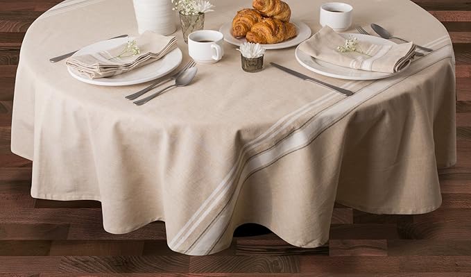 DII French Stripe Dining Table Collection Farmhouse Style Tablecloth, 70 Inches Round, Taupe/White