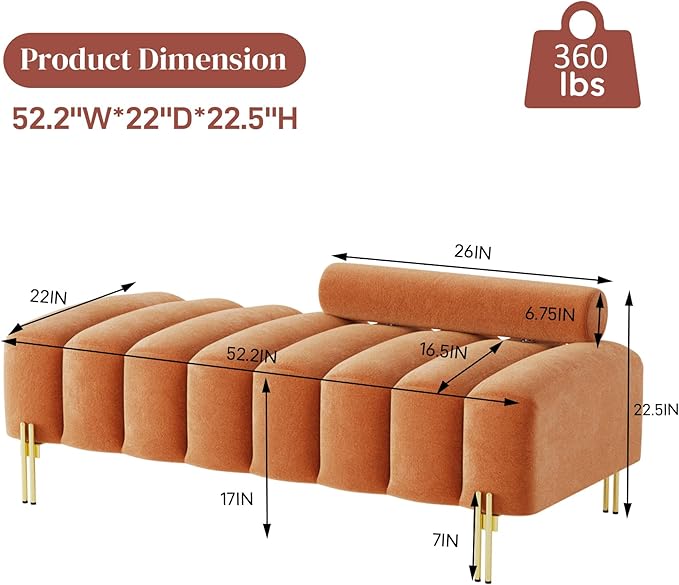 Modern Bed Bench with Adjustable Back, 52.2" Channel Tufted Velvet Ottoman for Bedroom, Living Room, Entryway, Orange