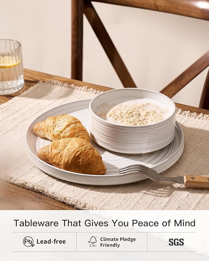 18-Piece Stoneware Dinnerware Set – High Edge Plates & Bowls with Reactive Glaze, Speckles & Spirals, Scratch Resistant Dish, Microwave Dishwasher Safe, Service for 6, Gift Box, White