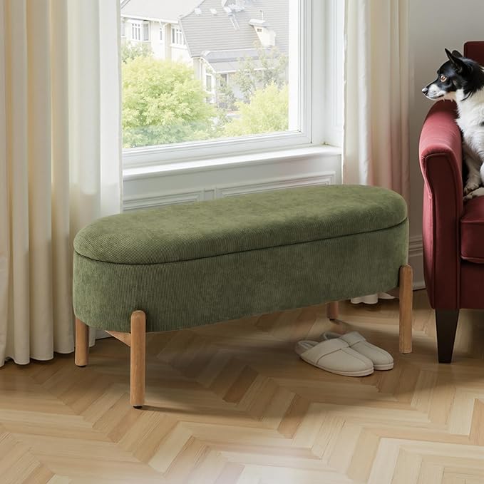 Storage Bench Ottoman, Upholstered Corduroy Storage Bench for Bedroom End of Bed, Modern Aesthetic Furniture, Large Oval Ottoman Bench for Foot of Bed, Living Room, Entryway, Under Window (Green)