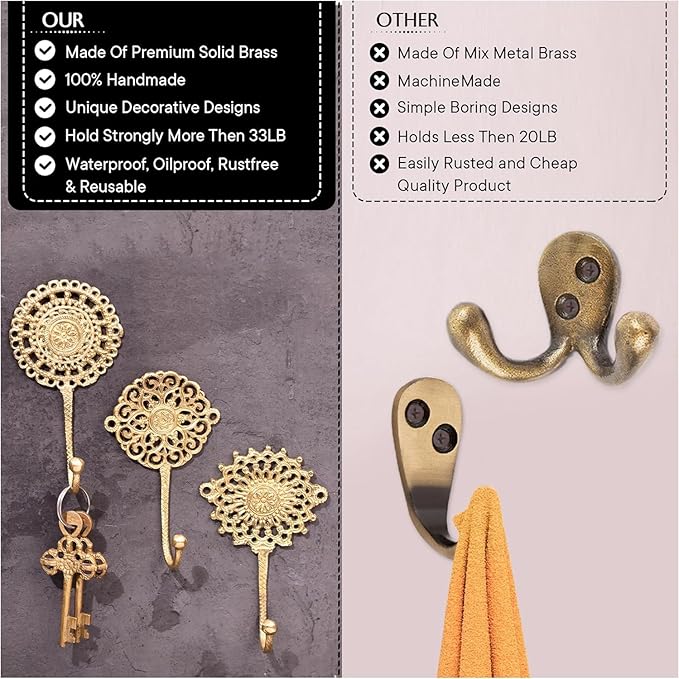 Indian Shelf Solid Brass Decorative Wall Hooks - Boho Gold Key Holders and Towel Hangers - Vintage Coat Rack Mounts for Entryway, Mudroom, Bathroom, and Home Décor- Heavy Duty Holds 33 lb - 3 Piece