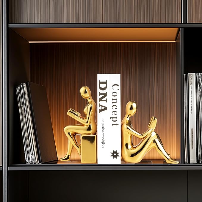 Ceramic Decorative Gold Bookends Set of 2, Sturdy Stable Non-Slip for Books, Modern Abstract Sculptural Book Ends, Geometric Human Face Aesthetic Shelf Decor for Home Office Library