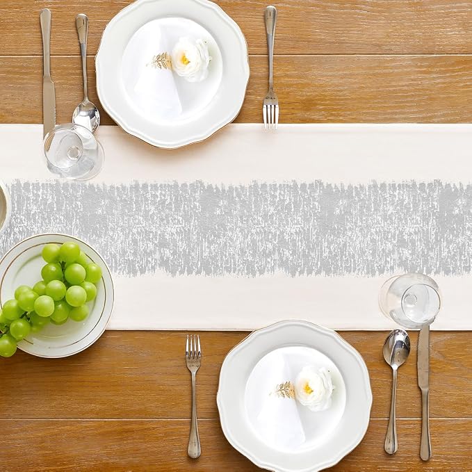 Metallic Style Table Runner, Cotton and Linen Silver Table Runners 90 inches Long,Pre-Pressed Metal Striping Process, Birthday Wedding Decorations for Home Living Room Decor(Silver, 13"x90")