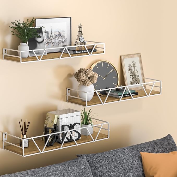 Amaoot Floating Shelves Set of 3, Home Wood Wall Shelf, Farmhouse Shelf for Bedroom, Wall Mounted Floating Shelf for Living Room, Bedroom, Bathroom, Kitchen, Office (White)