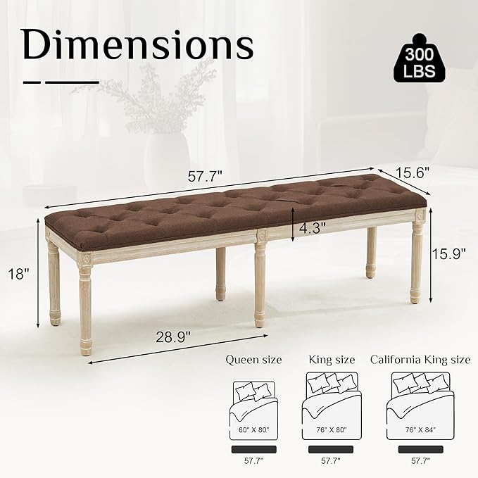 LOULENS 57.7" Linen Fabric End of Bed Bench, French Upholstered Button Tufted Bench for Bedroom End of Bed King Size, Window Seat with Carved Wood Legs for Bedroom, Living Room, Entryway, Brown