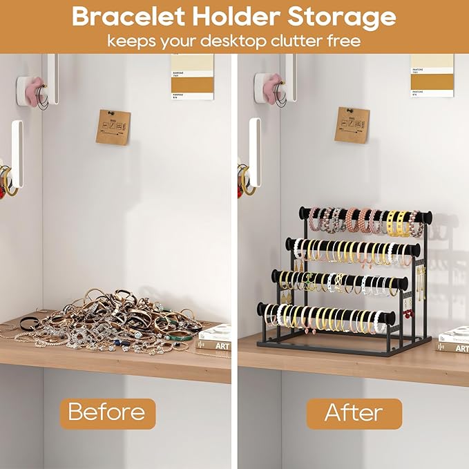 ORLESS 4 Tier Bracelet Holder, 2 Pack Detachable Velvet Jewelry Display Stand, T-Bar Necklace Storage Organizer Display Stand, Metal Bracelet Holder Display for Bangles Bracelets Scrunchies(Black)