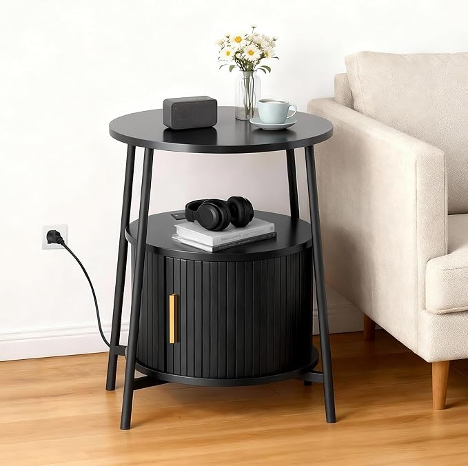 DHH Round End Tables Set of 2 & Charging Station, Fluted Accent Side Table with Sliding Door, Mid-Century Modern Nightstand Set of 2 for Small Space Storage, Living Room, Bedroom,Sofa Couch(2, Black)