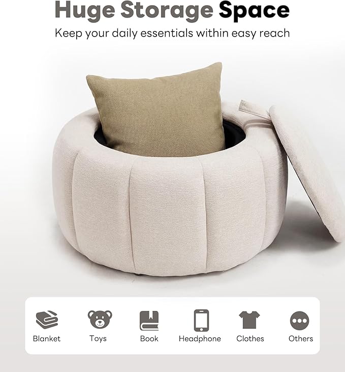 Tbfit Round Storage Ottoman - No Assembly Required, Storage & Sturdy Structure Multi-Functional Seat/Footrest for Living Room, Bedroom & Kids Room Soft Fabric for Family Home Use