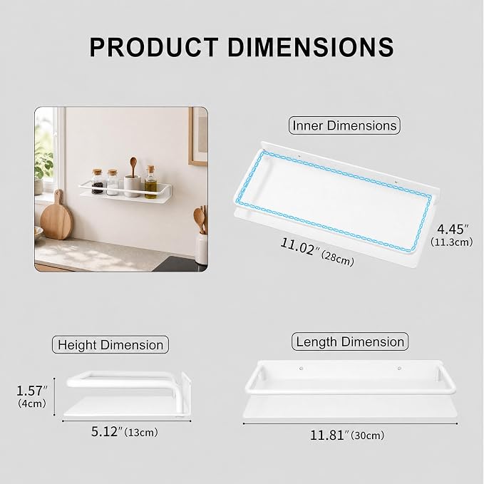 RFOUO 12 Inch White Metal Wall Shelf with Guard Rail, Wall Mounted Bathroom Shelf, Aluminum Floating Shelf for Skincare Perfume Spice, Small Display Shelf for Bedroom Kitchen, 1 Pack