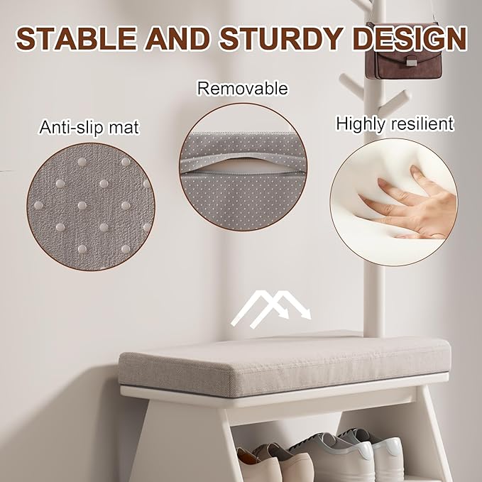 Coat Rack with Shoe Storage,Entryway Shoe Bench whit 8 Hook for Offices Bedroom Living Room,Small Shoe Bench,White
