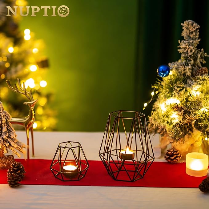 Nuptio 2 Pcs Tealight Holders - Tea Light Candle Holders Geometric Candle Holder for Dining Table Decorations Centrepiece, Black Fireplace Ornaments for Living Room, Wedding Housewarming Gifts