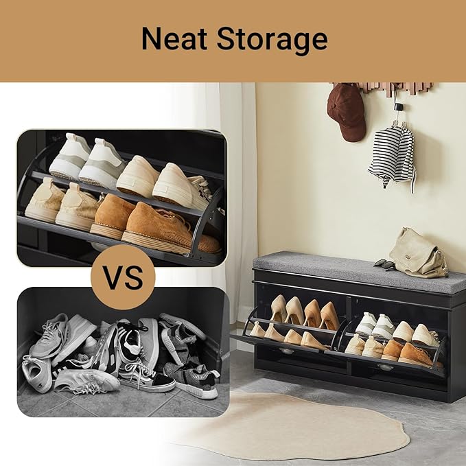SoBuy Black Storage Shoe Bench with 2 Flip Drawers, Hidden Shoe Bench, Free Standing Shoe Rack, Shoe Cabinet, Hallway Storage Bench with Seat Cushion FSR64-SCH
