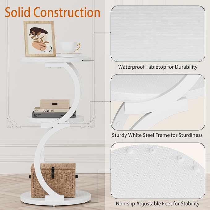 JUSTOGO Small Round Side Table, 3-Tier End Table for Living Room, Vintage Nightstand for Small Spaces Sofa Couch Corner Bedside Bedroom, S-Shaped Wood Accent Table Matel Coffee Table, White