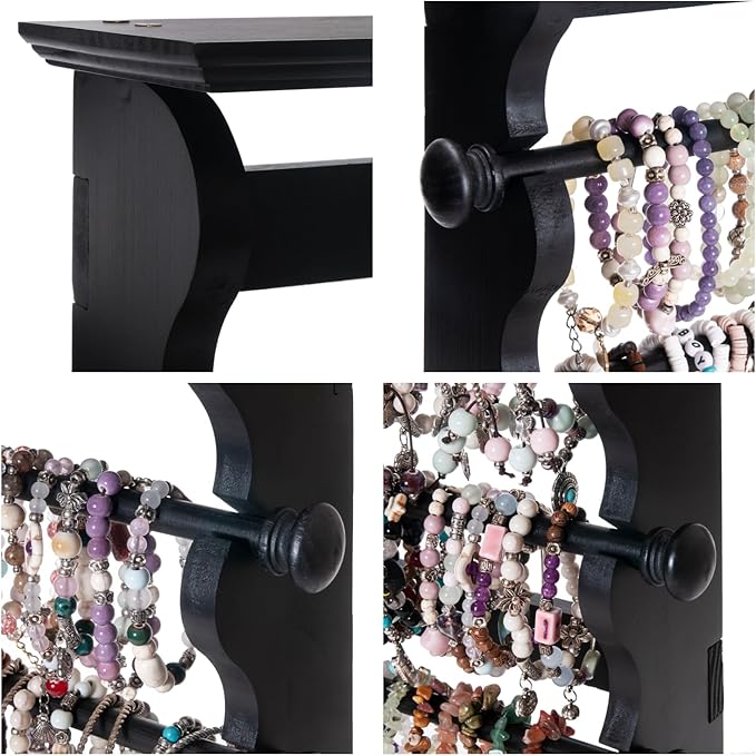 4-Tier Wall-Mounted Wooden Bracelet Holder – Black Jewelry Display with Storage Shelf, Hanging Organizer for Bracelets, Bangles, Watches, Necklaces & Accessories – Space-Saving Jewelry Rack for Home