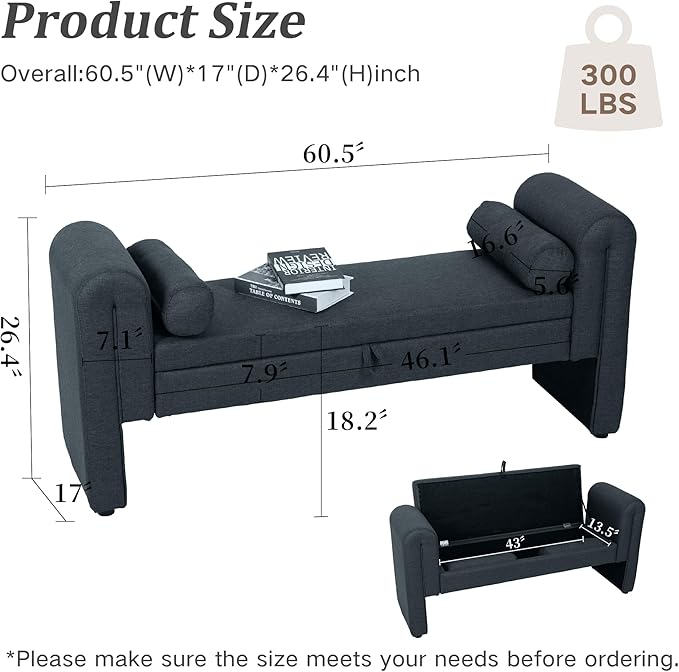 Linen Fabric Bench for Bedroom End of Bed, 60.5 inch Storage Bench Ottoman Bench with Rolled Arms, Button-Tufted Ottoman for Living Room, Entryway (Blue-Gray)
