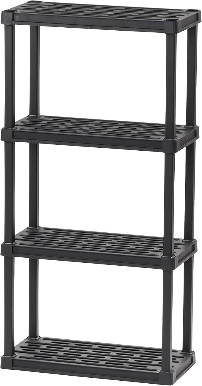 IRIS USA 4-Shelf Light Duty Plastic Storage Shelves, 200lb Capacity, 48" H x 24" W x 12" D, Medium Modular Shelving Unit Storage Organizer for Bathroom, Laundry, Garage & Home, Storage Rack - Black